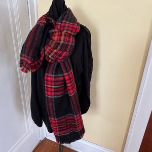Red and Black Plaid Scarf. 80” x 33” Acrylic; looks and feels like soft wool.